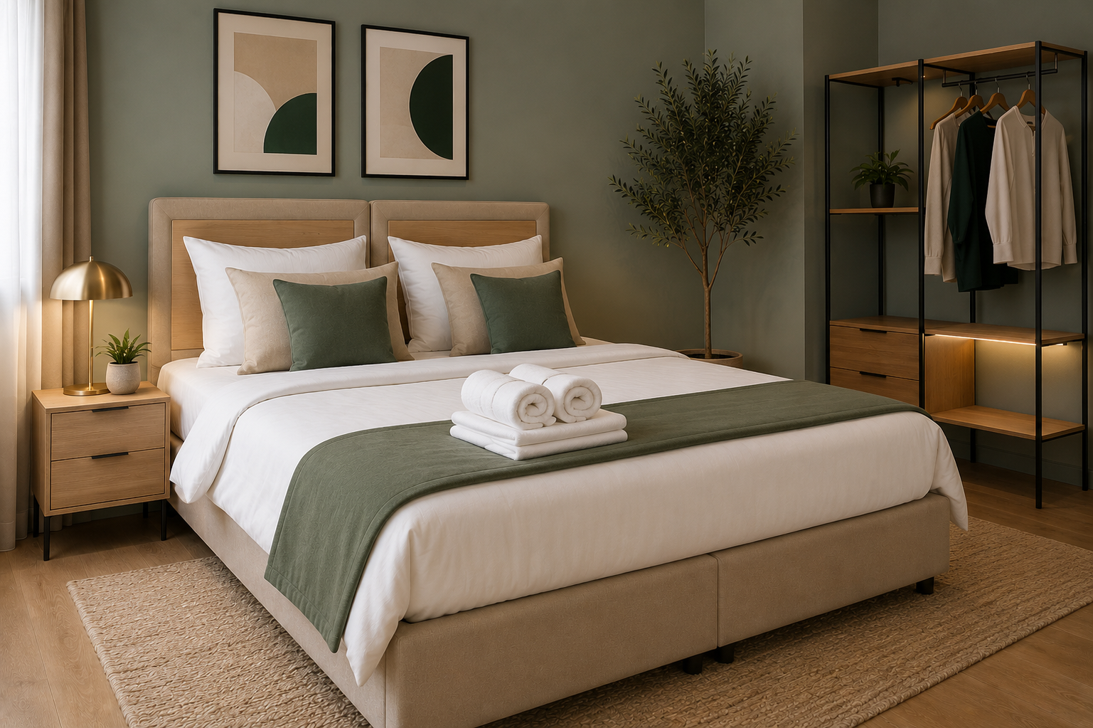 Frische weiße Bettwäsche und Handtücher auf dem Bett
