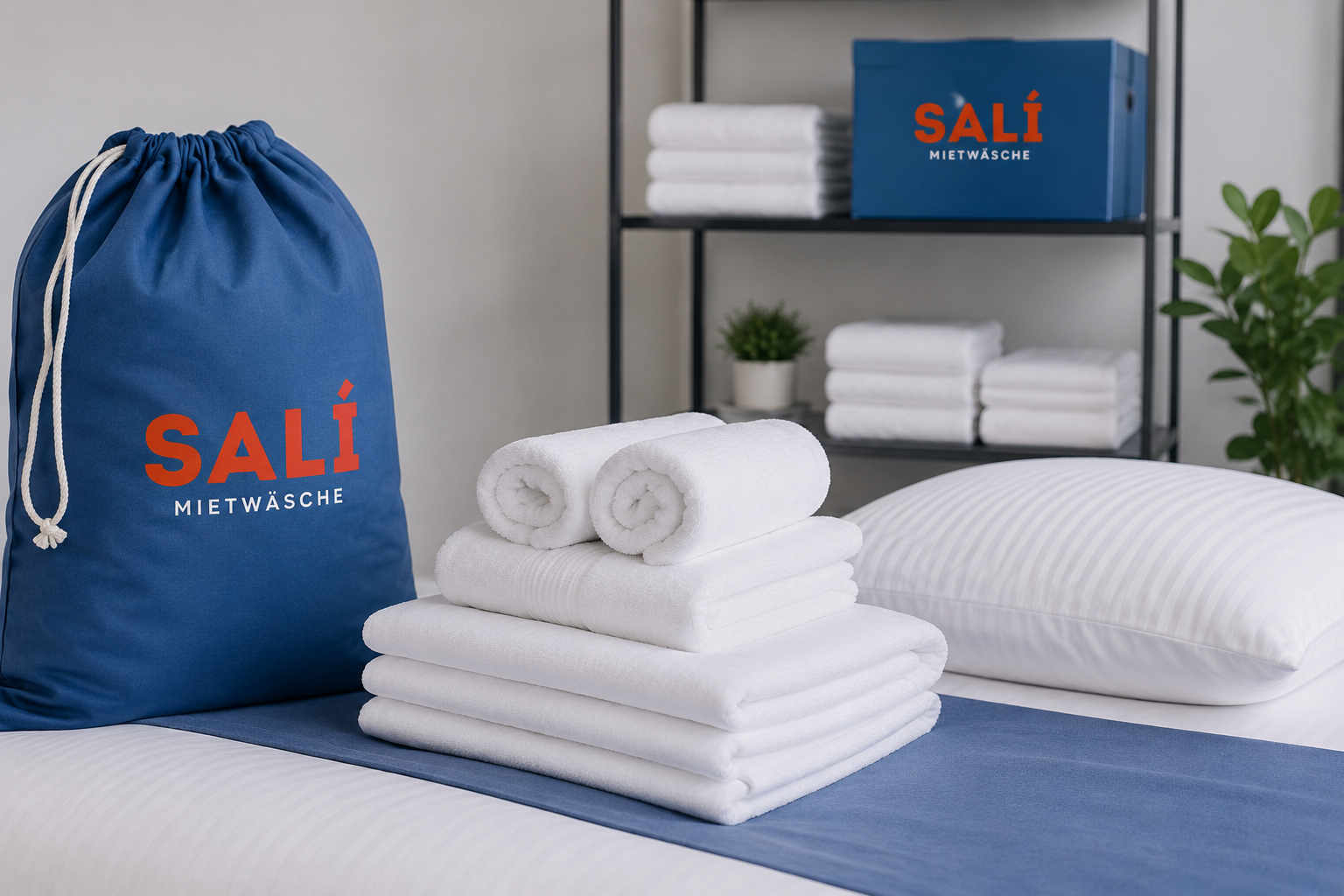 Sali Mietwäsche mit weißen Handtüchern, blauem Wäschesack und Markenbox
